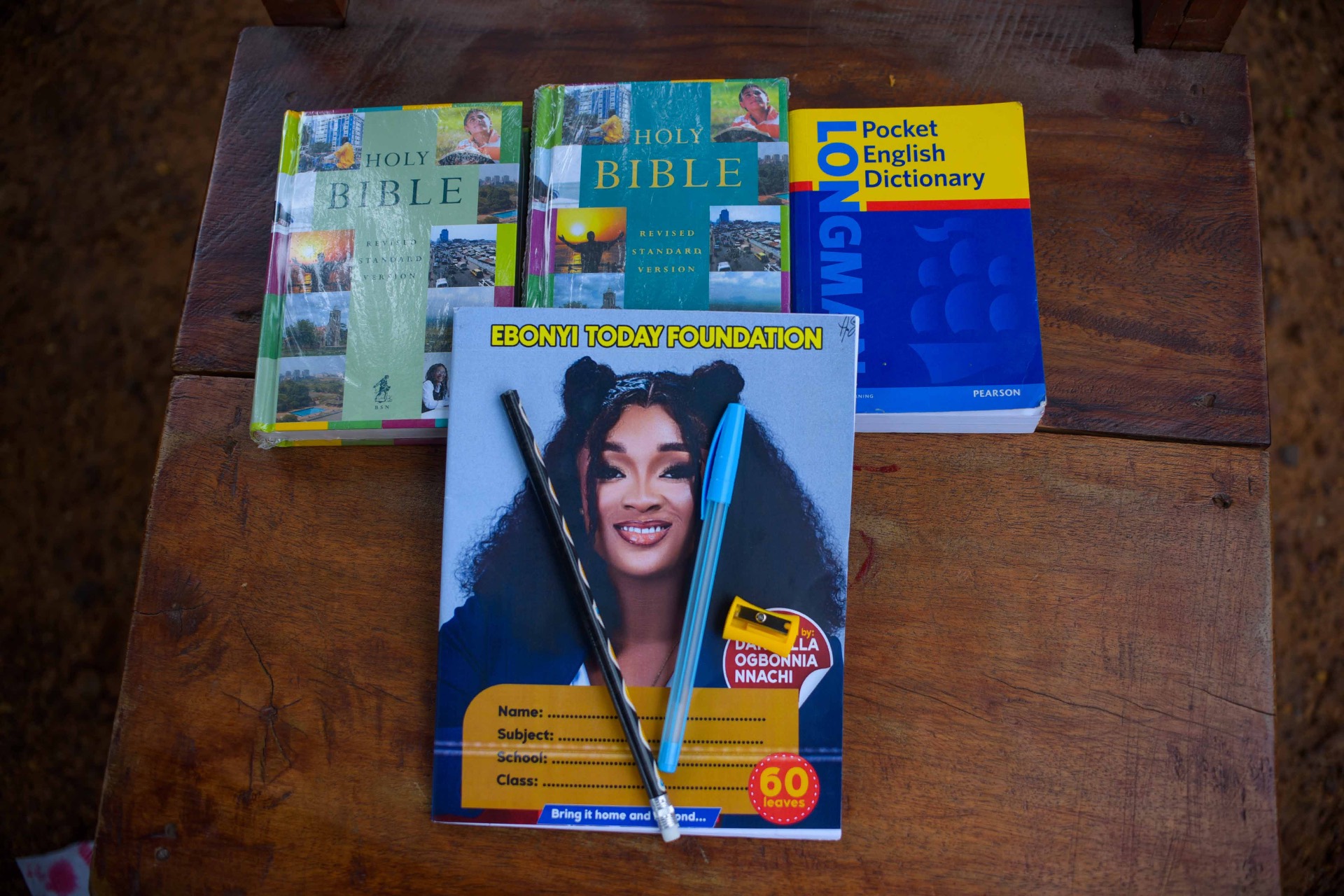 Bibles, dictionary and school supplies